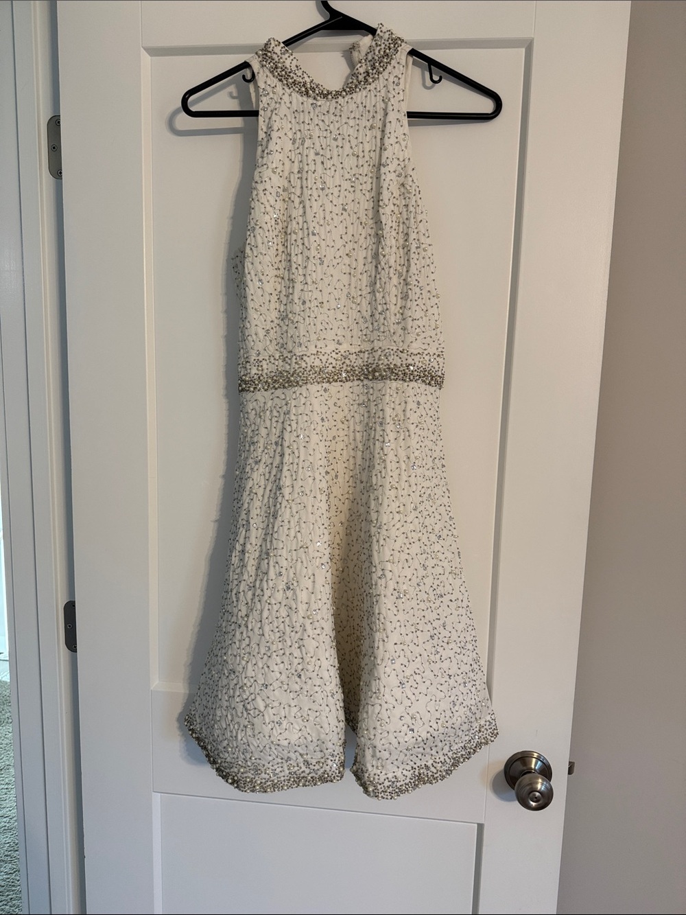 White Beaded Halter Dress with Silver Accents